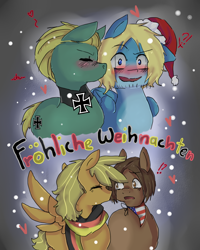 Size: 800x1000 | Tagged: safe, artist:ask-pony-gerita, imported from derpibooru, earth pony, pegasus, pony, ask, beard, blushing, christmas, exclamation point, eyes closed, facial hair, gay, germany, hat, heart, hetalia, holiday, interrobang, jewelry, kissing, male, merry christmas, necklace, open mouth, ponified, question mark, santa hat, stallion, surprised