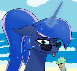 Size: 1200x1100 | Tagged: safe, artist:ngnir, imported from derpibooru, princess luna, pony, atg 2020, beach, blushing, food, ice cream, newbie artist training grounds, one eye closed, sunglasses, wink