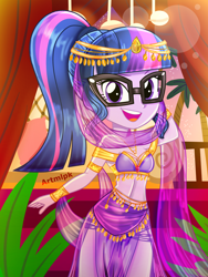 Size: 1800x2400 | Tagged: safe, artist:artmlpk, imported from derpibooru, sci-twi, twilight sparkle, genie, equestria girls, adorable face, adorasexy, adorkable, armlet, balcony, bare chest, bare shoulders, beautiful, belly, belly dancer, belly dancer outfit, bracelet, chair, clothes, crown, cute, dancing, design, digital art, dork, egyptian, eyelashes, fanart, female, geniefied, glasses, goddess, gold, hair, harem outfit, jewelry, leaf, looking at you, meganekko, midriff, necklace, open mouth, outfit, palace, palm tree, pillow, plant, ponytail, pose, raised eyebrow, regalia, sarong, sexy, skirt, smiley face, smiling, smiling at you, solo, stupid sexy sci-twi, topless, tree, twiabetes, veil, watermark