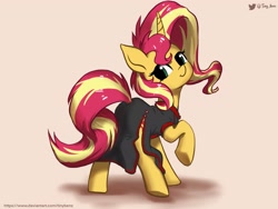 Size: 2048x1536 | Tagged: safe, alternate version, artist:tinybenz, imported from derpibooru, sunset shimmer, pony, unicorn, cheongsam, clothes, cute, female, looking at you, looking back, mare, raised leg, shimmerbetes, side slit, smiling, solo