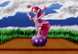 Size: 3096x2160 | Tagged: safe, artist:darbedarmoc, imported from derpibooru, pinkie pie, earth pony, pony, balancing, ball, belly button, bipedal, chest fluff, cloud, cupcake, featureless crotch, female, food, grass, juggler, juggling, scene interpretation, sky, solo