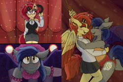 Size: 1080x720 | Tagged: safe, artist:emz2015, imported from derpibooru, oc, oc only, oc:echo, oc:ruby splash, anthro, bat pony, bat pony oc, bat wings, blushing, breasts, busty echo, clothes, comic, commission, cutie mark, digital art, eyes closed, female, lesbian, looking at each other, oc x oc, rewrite the stars, shipping, spread wings, tail, the greatest showman, wings