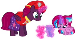 Size: 1985x1019 | Tagged: safe, artist:徐詩珮, imported from derpibooru, fizzlepop berrytwist, tempest shadow, oc, oc:bubble sparkle, alicorn, pony, bubbleverse, series:sprglitemplight diary, series:sprglitemplight life jacket days, series:springshadowdrops diary, series:springshadowdrops life jacket days, alicornified, alternate universe, baby, baby pony, base used, clothes, female, magical lesbian spawn, magical threesome spawn, marshall (paw patrol), mother and child, mother and daughter, multiple parents, next generation, offspring, parent:glitter drops, parent:spring rain, parent:tempest shadow, parent:twilight sparkle, parents:glittershadow, parents:sprglitemplight, parents:springdrops, parents:springshadow, parents:springshadowdrops, paw patrol, race swap, simple background, tempesticorn, transparent background