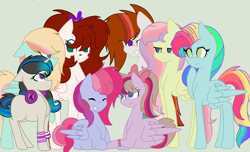 Size: 2830x1720 | Tagged: safe, artist:circuspaparazzi5678, imported from derpibooru, oc, oc:circus harmony, oc:dusky blitz, oc:elastic cannon, oc:radiant dust, oc:rainboom, oc:rainbow blitz, oc:rainbow splash, oc:spectrum cannon, pegasus, pony, unicorn, base used, bow, bracelet, crossover ship offspring, cute, ear piercing, earring, female, freckles, headphones, jewelry, magical lesbian spawn, multicolored hair, next generation, offspring, parent:angel wings, parent:circus baby, parent:fluttershy, parent:oc:breanna, parent:octavia melody, parent:pinkie pie, parent:rainbow dash, parent:twilight sparkle, parent:vinyl scratch, parents:canon x oc, parents:flutterdash, parents:pinkiedash, parents:scratchtavia, piercing, rainbow hair, wristband