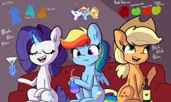 Size: 3750x2250 | Tagged: safe, artist:tjpones, imported from derpibooru, applejack, rainbow dash, rarity, earth pony, pegasus, pony, unicorn, alcohol, apple, apple cider, appledash, applejack's hat, blah blah blah, blushing, champagne glass, chest fluff, cider, clothes, couch, cowboy hat, dialogue, dress, drink, drinking straw, ear fluff, eyes closed, female, food, freckles, glowing, glowing horn, hat, heart, horn, implied lesbian, lesbian, magic, mare, martini, open mouth, polyamory, raridash, rarijackdash, shipper on deck, shipping, straw, telekinesis, that pony sure does love apples, that pony sure does love fashion, thoughts, wavy mouth