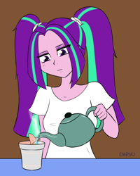 Size: 800x1000 | Tagged: safe, artist:empyu, imported from derpibooru, aria blaze, equestria girls, 30 minute art challenge, clothes, cup, female, food, noodles, ramen, shirt, solo, water
