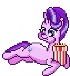 Size: 189x204 | Tagged: safe, artist:8-bitbrony, imported from derpibooru, starlight glimmer, pony, unicorn, animated, cute, eating, female, food, glimmerbetes, herbivore, lying down, mare, newbie artist training grounds, pixel art, popcorn, simple background, solo, transparent background