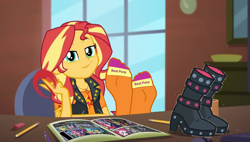 Size: 1024x581 | Tagged: safe, artist:jrshinkansenhorse, edit, edited screencap, imported from derpibooru, screencap, sunset shimmer, equestria girls, equestria girls series, super squad goals, best pony, boots, clothes, comic book, desk, feet, feet on table, geode of empathy, magical geodes, pencil, shoes, socks, sunset shimmer is best pony, window