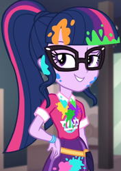 Size: 765x1080 | Tagged: safe, imported from derpibooru, screencap, sci-twi, twilight sparkle, equestria girls, equestria girls series, sunset's backstage pass!, spoiler:eqg series (season 2), bangs, clothes, collar, cropped, cute, female, glasses, indoors, lidded eyes, messy, music festival outfit, paint, ponytail, public restroom, raised eyebrow, shirt, short sleeves, skirt, smiling, solo, talking, twiabetes