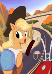 Size: 1024x1449 | Tagged: safe, artist:neoshrek, imported from derpibooru, applejack, pony, 2020, 2020s, clothes, cowboy hat, cowgirl, denim shorts, female, freckles, hat, motorcycle, shirt, shorts, solo, tanktop, tomboy