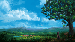 Size: 1920x1080 | Tagged: safe, artist:plainoasis, imported from derpibooru, tempest shadow, pony, unicorn, bag, blue sky, broken horn, cloud, detailed background, digital art, female, field, flower, forest, horn, houses, looking away, mare, mountain, mountain range, outdoors, painting, path, plant, saddle bag, scenery, scenery focus, scenery porn, sign, sky, solo, standing, tempest's village, tree, tree branch, village