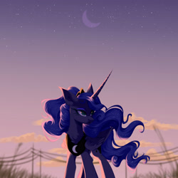 Size: 4000x4000 | Tagged: safe, artist:jun1313, imported from derpibooru, princess luna, alicorn, pony, absurd resolution, chest fluff, crescent moon, ear fluff, female, mare, moon, night, power line, sky, solo, stars