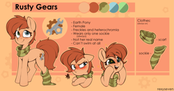 Size: 2605x1362 | Tagged: safe, artist:rexyseven, imported from derpibooru, oc, oc only, oc:rusty gears, earth pony, pony, blushing, clothes, female, freckles, heterochromia, mare, reference sheet, scarf, sock, socks, solo, striped socks