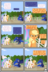 Size: 1920x2854 | Tagged: safe, artist:gutovi, imported from derpibooru, applejack, fluttershy, princess celestia, princess luna, alicorn, earth pony, pony, comic:why me!?, alternate ending, alternate hairstyle, applelestia, blushing, comic, ears back, female, freckles, frown, implied group sex, implied sex, implied threesome, lesbian, missing accessory, pigtails, sad, shipping, spread wings, sweet apple acres, wings