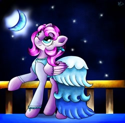 Size: 1280x1260 | Tagged: safe, artist:appleneedle, imported from derpibooru, oc, oc:lovely honesty, pegasus, pony, accessories, accessory, art, balcony, character, clothes, digital, draw, drawing, dress, fanart, midnight, moon, night, paint, painting, skies, stars, ych example, your character here