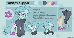 Size: 2645x1362 | Tagged: safe, artist:rexyseven, imported from derpibooru, oc, oc only, oc:whispy slippers, earth pony, pony, clothes, female, glasses, mare, reference sheet, slippers, socks, solo, sweater, turtleneck