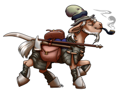 Size: 1280x988 | Tagged: safe, artist:gonedreamer, edit, imported from derpibooru, mr. greenhooves, pony, armored legs, axe, bag, clothes, cropped, hat, male, pipe, scythe, shoes, simple background, smoking, solo, transparent background, weapon