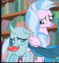 Size: 330x353 | Tagged: safe, imported from derpibooru, screencap, gallus, ocellus, silverstream, changeling, griffon, hippogriff, what lies beneath, cropped, cute, diaocelles, diastreamies, looking at butt, looking at someone, looking down, raised hoof