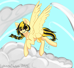 Size: 2500x2300 | Tagged: safe, artist:lightningchaser13, artist:lightningchaserarts, imported from derpibooru, oc, oc:lightning chaser, pegasus, pony, braid, cloud, improve, redraw, sky, wings