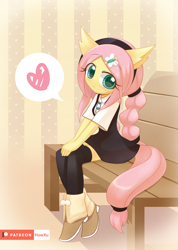 Size: 1000x1407 | Tagged: safe, artist:howxu, imported from derpibooru, fluttershy, anthro, alternate hairstyle, bench, cute, female, hairpin, heart, looking at you, shyabetes, sitting, solo, speech bubble