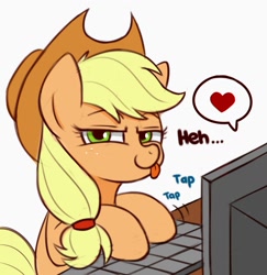 Size: 1299x1334 | Tagged: safe, artist:handgunboi, imported from derpibooru, applejack, earth pony, pony, :p, atg 2020, computer, cowboy hat, female, hat, heart, keyboard, looking at you, mare, newbie artist training grounds, pictogram, solo, speech bubble, table, tongue out