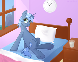 Size: 1000x800 | Tagged: safe, artist:hi_im_cranberry, imported from derpibooru, oc, oc only, oc:double colon, oc:paamayim nekudotayim, pony, unicorn, bed, clock, commission, drawer, glass, glass of water, indoors, mountain, pillow, room, sky, solo, window, ych result