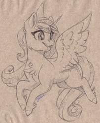 Size: 1500x1848 | Tagged: safe, artist:faline-art, imported from derpibooru, princess cadance, alicorn, pony, female, flying, smiling, solo, traditional art