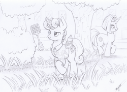 Size: 3270x2370 | Tagged: safe, artist:xeviousgreenii, imported from derpibooru, cayenne, oc, oc:ginger mint, pony, unicorn, atg 2020, flyswatter, grass, magic, male, monochrome, newbie artist training grounds, stallion, tree