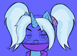 Size: 601x440 | Tagged: safe, artist:buttercupsaiyan, imported from derpibooru, trixie, pony, unicorn, alternate hairstyle, babysitter trixie, blue background, bust, clothes, female, gameloft, gameloft interpretation, hoodie, mare, simple background, solo, wip