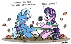 Size: 1024x637 | Tagged: safe, artist:bobthedalek, imported from derpibooru, starlight glimmer, trixie, pony, unicorn, autumn, chair, clothes, coffee, crossed hooves, crossed legs, cup, dialogue, duo, duo female, female, leaves, magic, mare, scarf, table, trixie is not amused, unamused