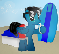 Size: 7200x6600 | Tagged: safe, artist:agkandphotomaker2000, imported from derpibooru, oc, oc:pony video maker, pegasus, pony, clothes, cooler, drink, drinking, glass, sand, show accurate, simple background, straw, sunglasses, surfboard, swimsuit