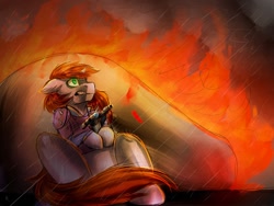 Size: 1400x1050 | Tagged: safe, artist:raychelrage, imported from derpibooru, oc, oc:littlepip, pony, unicorn, fallout equestria, female, fire, gun, handgun, little macintosh, mare, rain, revolver