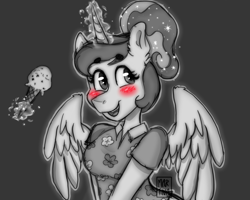 Size: 1074x861 | Tagged: safe, artist:meqiopeach, imported from derpibooru, princess luna, alicorn, anthro, between dark and dawn, art, blushing, clothes, cute, drawing, eyebrows, eyebrows visible through hair, fanart, female, flower, food, grayscale, holiday, horn, ice cream, ice cream cone, levitation, lunabetes, magic, mane, mint ice cream, monochrome, shirt, simple, simple background, simple shading, sketch dump, solo, sparkles, stars, telekinesis, wings