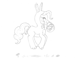 Size: 1224x966 | Tagged: safe, artist:friendshipishorses, imported from derpibooru, pinkie pie, pony, animal costume, basket, bunny costume, butt flap, clothes, costume, easter basket, female, monochrome, solo, traditional art