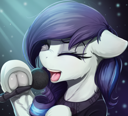 Size: 2518x2290 | Tagged: safe, artist:alcor, imported from derpibooru, coloratura, earth pony, pony, bust, cheek fluff, clothes, eyes closed, female, floppy ears, frog (hoof), high res, hoof hold, hoofbutt, mare, microphone, open mouth, portrait, rara, singing, solo, underhoof