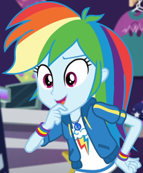 Size: 752x907 | Tagged: safe, imported from derpibooru, screencap, rainbow dash, equestria girls, equestria girls series, holidays unwrapped, spoiler:eqg series (season 2), canterlot mall, clothes, cloud, cropped, cute, dashabetes, dashing through the mall, female, geode of super speed, hand on hip, hoodie, jacket, jewelry, looking down, magical geodes, merchandise, multicolored hair, necklace, pants, pockets, rainbow, rainbow hair, shirt, short sleeves, smiling, store, t-shirt, talking, thunderbolt, wristband