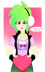 Size: 2058x3264 | Tagged: safe, artist:xan-gelx, imported from derpibooru, cherry crash, equestria girls, box of chocolates, candy, chocolate, clothes, commission, earmuffs, female, fingerless gloves, food, gloves, heart shaped box, looking at you, miniskirt, plaid skirt, skirt, solo, speech bubble, talking to viewer, vest