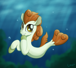 Size: 1500x1350 | Tagged: safe, artist:litrojia, imported from derpibooru, autumn blaze, kirin, seapony (g4), atg 2020, awwtumn blaze, bubble, crepuscular rays, cute, female, fins, looking at you, newbie artist training grounds, ocean, seaponified, seapony autumn blaze, signature, smiling, solo, species swap, underwater, water