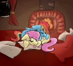 Size: 2000x1800 | Tagged: safe, artist:antimationyt, artist:bluestarsburst, imported from derpibooru, fluttershy, rainbow dash, pegasus, pony, atg 2020, blanket, cozy, eyes closed, female, fireplace, floppy ears, flutterdash, folded wings, indoors, lesbian, mare, newbie artist training grounds, pillow, pony pile, prone, shipping, sleeping, smiling, wings, winter