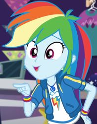 Size: 724x925 | Tagged: safe, imported from derpibooru, screencap, rainbow dash, equestria girls, equestria girls series, holidays unwrapped, spoiler:eqg series (season 2), canterlot mall, clothes, cloud, cropped, cute, dashabetes, dashing through the mall, female, geode of super speed, hand on hip, hoodie, jewelry, looking down, magical geodes, merchandise, multicolored hair, necklace, pants, pockets, pointing, rainbow, rainbow hair, shirt, short sleeves, smiling, store, t-shirt, talking, thunderbolt, wristband