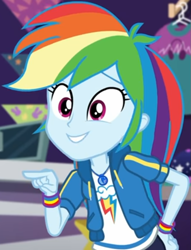 Size: 717x939 | Tagged: safe, imported from derpibooru, screencap, rainbow dash, equestria girls, equestria girls series, holidays unwrapped, spoiler:eqg series (season 2), canterlot mall, clothes, cloud, cropped, cute, dashabetes, dashing through the mall, female, geode of super speed, hand on hip, hoodie, jacket, jewelry, magical geodes, merchandise, multicolored hair, necklace, pants, pockets, pointing, rainbow, rainbow hair, shirt, short sleeves, smiling, store, t-shirt, talking, thunderbolt, wristband