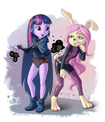 Size: 934x1080 | Tagged: safe, artist:vyazinrei, imported from derpibooru, fluttershy, twilight sparkle, anthro, rabbit, equestria girls, animal, barefoot, beast boy, bunnified, bunny ears, bunnyshy, clothes, cosplay, costume, crossdressing, crossover, crossplay, feet, leotard, magic, paws, raven (dc comics), raven (teen titans), species swap, voice actor joke