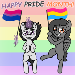 Size: 1460x1460 | Tagged: safe, artist:perplexia, imported from derpibooru, oc, oc only, oc:charcoal, oc:perplexia, pegasus, pony, unicorn, bipedal, bisexual, bisexual pride flag, female, flag, holding, hoof hold, horn, looking at you, magic, male, mare, pansexual, pansexual pride flag, pride, pride flag, pride month, rainbow background, raised leg, simple background, smiling, stallion, standing, standing on one leg, text, wings