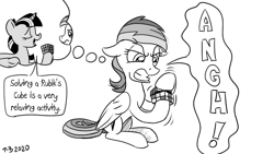 Size: 1200x675 | Tagged: safe, artist:pony-berserker, imported from derpibooru, rainbow dash, twilight sparkle, alicorn, pegasus, pony, angry, duo, eyes closed, female, frustrated, halftone, mare, memory, monochrome, rubik's cube, speech bubble, stippling, thought bubble, twilight sparkle (alicorn)