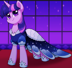 Size: 1009x953 | Tagged: safe, artist:anonymous, imported from derpibooru, twilight sparkle, pony, unicorn, /mlp/, 4chan, clothes, cute, drawthread, dress, female, hoof shoes, implied princess luna, looking at you, mare, night, solo, stars, twiabetes, unicorn twilight