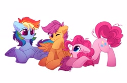 Size: 2467x1621 | Tagged: safe, artist:mirtash, imported from derpibooru, pinkie pie, rainbow dash, scootaloo, earth pony, pegasus, pony, crying, cute, ear fluff, eye clipping through hair, female, filly, foal, mare, one eye closed, prone, scootalove, simple background, sitting, tears of joy, trio, white background, wings