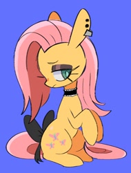 Size: 948x1248 | Tagged: safe, artist:10uhh, artist:mesqrit, imported from derpibooru, fluttershy, pony, blue background, bow, choker, chokershy, colored pupils, cute, ear piercing, earring, eyeshadows, female, fluttergoth, goth, jewelry, mare, piercing, profile, shyabetes, simple background, sitting, solo, tail bow, wingless