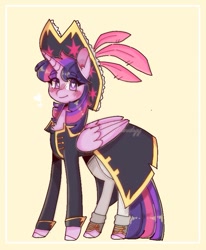 Size: 615x747 | Tagged: safe, artist:yumocloudyy, imported from derpibooru, twilight sparkle, alicorn, pony, my little pony: the movie, blushing, captain, captain twilight, chest fluff, clothes, feathered hat, female, folded wings, hat, heart, heart eyes, looking at you, mare, pirate costume, pirate hat, pirate outfit, pirate twilight, solo, spats, standing, three quarter view, twilight sparkle (alicorn), uniform, wingding eyes, wings