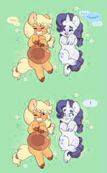 Size: 811x1308 | Tagged: safe, artist:xeiphi, imported from derpibooru, applejack, rarity, earth pony, pony, unicorn, ..., applejack's hat, cloven hooves, comic, cowboy hat, exclamation point, female, grass, grass field, hat, laughing, lesbian, mare, on back, rarijack, shipping, snorting