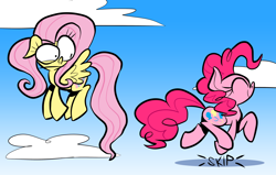 Size: 2640x1680 | Tagged: safe, artist:joeywaggoner, imported from derpibooru, fluttershy, pinkie pie, earth pony, pegasus, pony, cartoon physics, cloud, disbelief, duo, duo female, eyes closed, female, flying, in which pinkie pie forgets how to gravity, mare, mismatched eyes, pinkie being pinkie, pinkie physics, profile, skipping, sky, spread wings, walking on air, wings